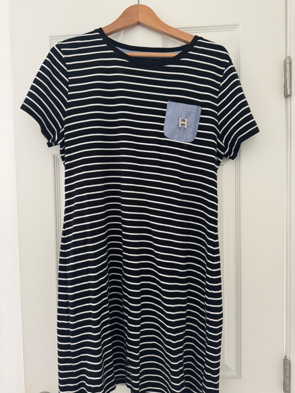 Striped Navy and White Short-Sleeve Shift Dress with Chest Pocket